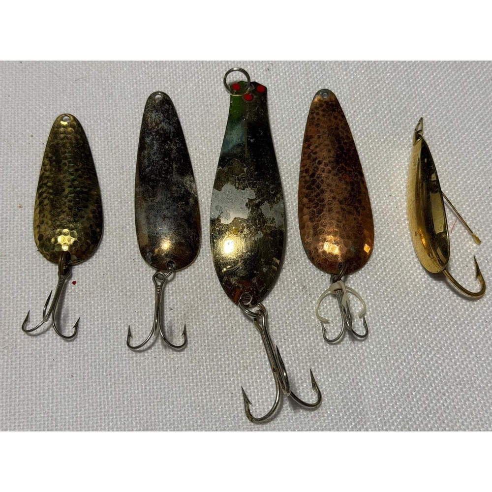Vintage Nebco Flash Bait Johnson Silver Minnow Fishing Spoon Lure Lot 5pc Brass